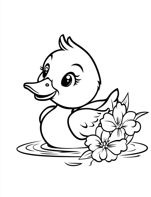 Duck Swimming with Cherry Blossoms Coloring Page