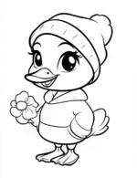 Duckling Holding Wearing Beanie Flower Coloring Page by Mindset Flow