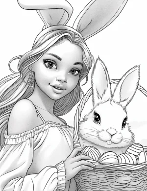 Easter Bunny And Festive Young Woman Adult Coloring Page By Mindset Flow