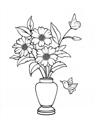 Easy Flower Vase With Hummingbird Flower Coloring Page By Mindset Flow