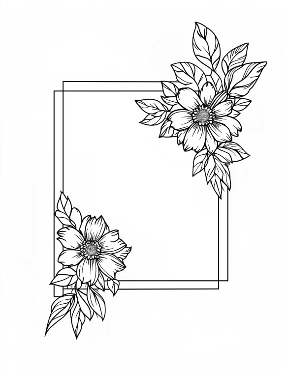 Elegant Floral Border with Double Frame and Blooming Flowers Coloring Page