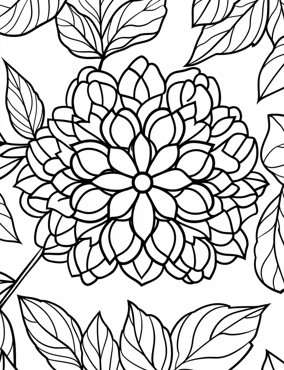 Elegant Floral Mandala with Leaves and Petals Coloring Page