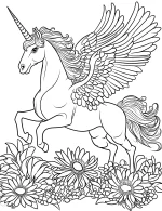 Elegant Flying Unicorn with Wings and Floral Garden Coloring Page
