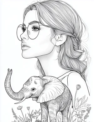 Elegant Girl with Elephant and Glasses Adult Coloring Page By Mindset Flow