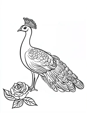 Elegant Peacock Mandala Surrounded by Rose Motifs and Detailed Feathers Coloring Page by Mindset Flow