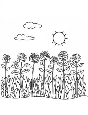 Elegant Rose Garden with Sun and Clouds Coloring Page