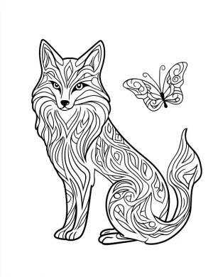 Elegant Sitting Fox with Flowing Mandala Fur and Flying Butterfly Coloring Page by Mindset Flow