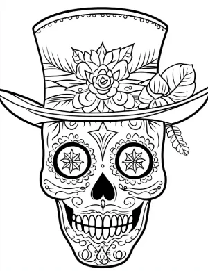 Elegant Skull in Feathered Top Hat Adult Coloring Page By Mindset Flow