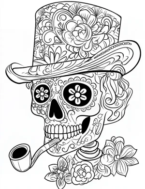 Elegant Skull with Top Hat and Pipe Adult Coloring Page by Mindset Flow