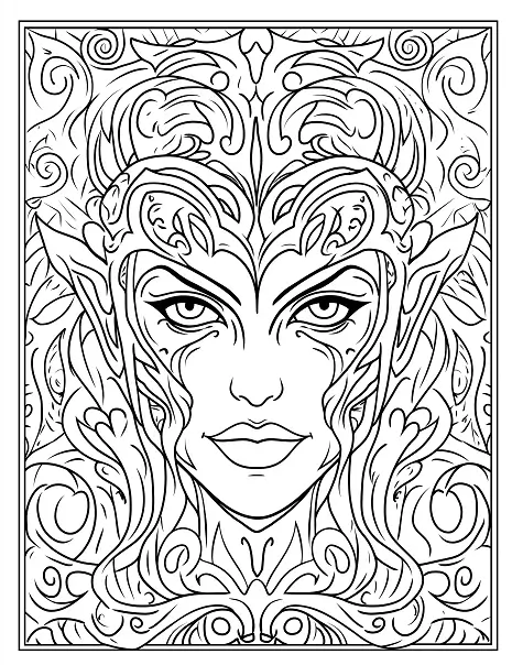 Elegant Vampire Face with Intense Eyes Halloween Coloring Page by Mindset Flow