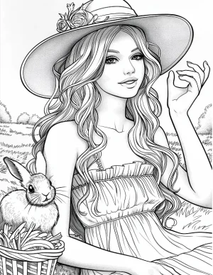 Elegant Woman Enjoying Nature With Rabbit Adult Coloring Page By Mindset Flow