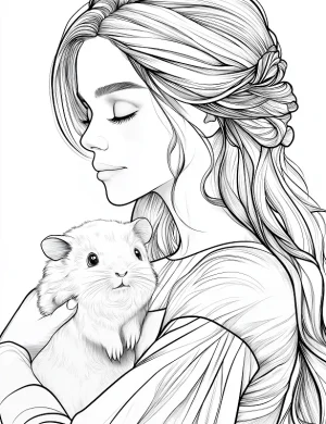Elegant Woman Holding Guinea Pig Adult Coloring Page By Mindset Flow