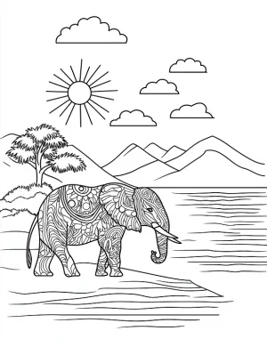 Elephant Mandala Landscape Scene Coloring Page by Mindset Flow