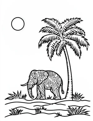 Elephant Mandala in a Tropical Scene Coloring Page by Mindset Flow