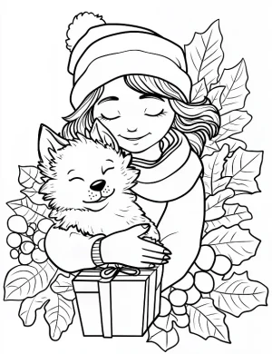 Elf Girl Wolf Hug Floral Fantasy Christmas Coloring Page By Mindset Flow