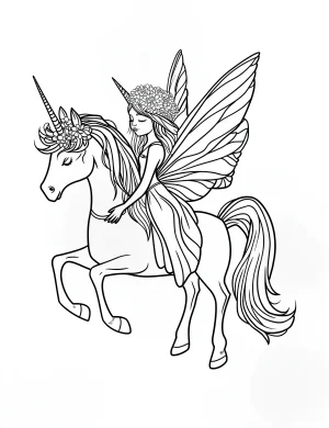 Enchanting Fairy Riding Unicorn with Flower Crown and Butterfly Wings Coloring Page