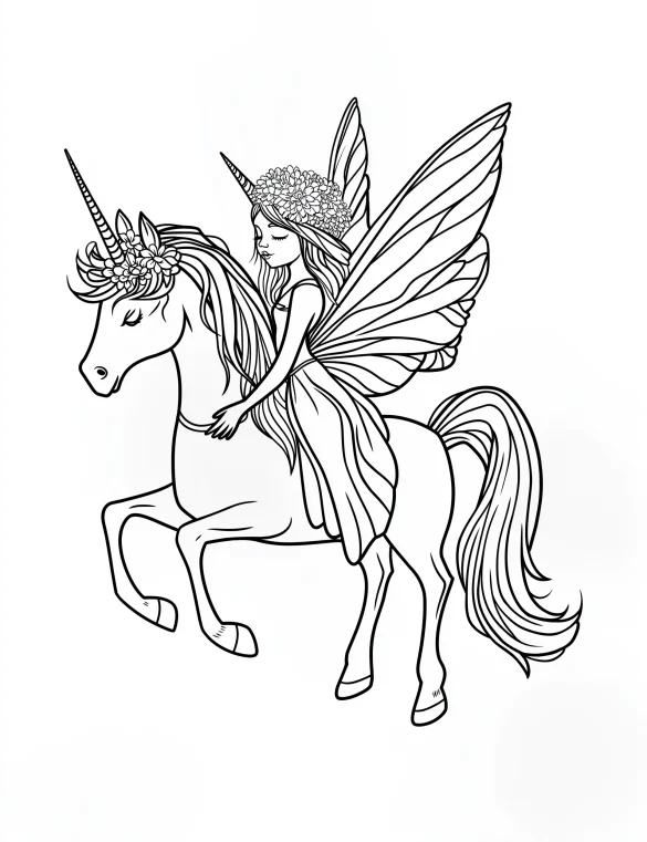 Enchanting Fairy Riding Unicorn with Flower Crown and Butterfly Wings Coloring Page