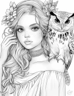 Enchanting Woman with Owl Companion Adult Coloring Page By Mindset Flow