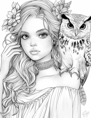Enchanting Woman with Owl Companion Adult Coloring Page By Mindset Flow