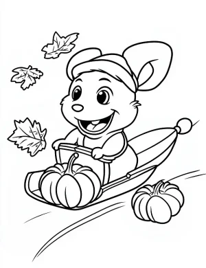 Excited Mouse Sledding with Pumpkins Halloween Coloring Page by Mindset Flow