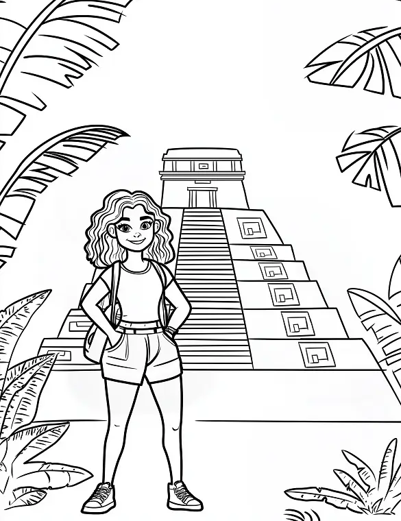 Explorer Girl at Mayan Temple Adult Coloring Page By Mindset Flow