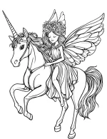 Fairy Riding Unicorn with Delicate Wings and Flower Crown Coloring Page