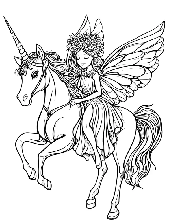 Fairy Riding Unicorn with Delicate Wings and Flower Crown Coloring Page