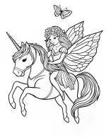 Fairy Riding Unicorn with Flower Crown and Butterfly Wings Coloring Page