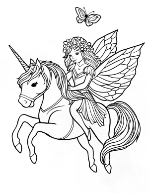 Fairy Riding Unicorn with Flower Crown and Butterfly Wings Coloring Page