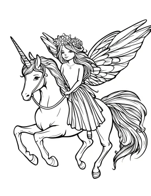 Fairy Riding a Unicorn with Large Delicate Wings Coloring Page