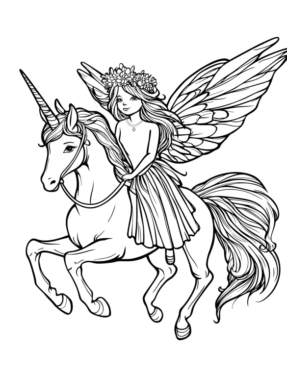 Fairy Riding a Unicorn with Large Delicate Wings Coloring Page