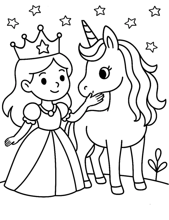 Fairytale Princess Adventure and Unicorn with Stars Coloring Page