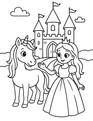 Fairytale Princess and Unicorn in Front of Castle Coloring Page