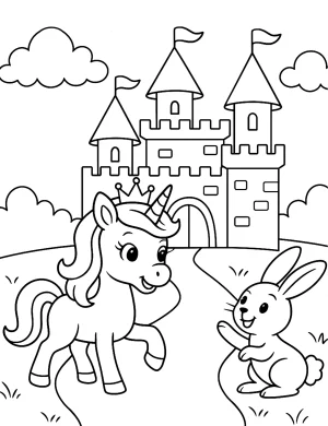 Fairytale Unicorn Adventure with Castle and Bunny Coloring Page