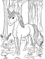 Fairytale Unicorn Standing in Forest Surrounded by Mushrooms Coloring Page