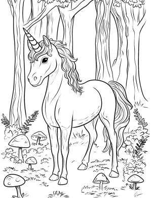Fairytale Unicorn Standing in Forest Surrounded by Mushrooms Coloring Page