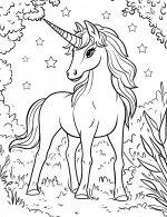 Fairytale Unicorn Surrounded by Clouds and Twinkling Stars Coloring Page