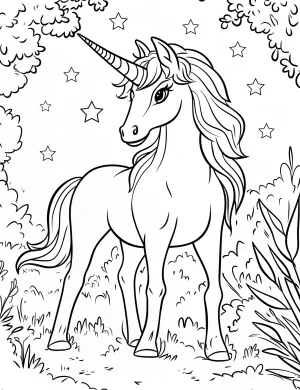 Fairytale Unicorn Surrounded by Clouds and Twinkling Stars Coloring Page