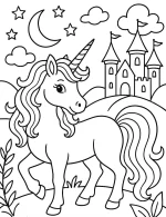 Fairytale Unicorn with Castle and Stars Coloring Page