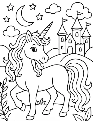 Fairytale Unicorn with Castle and Stars Coloring Page