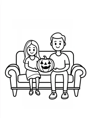 Family Pumpkin Fun on Couch Halloween Coloring Page by Mindset Flow