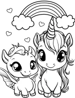 Fantastical Unicorn and Dragon with Rainbow and Hearts Coloring Page