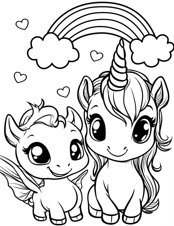 Fantastical Unicorn and Dragon with Rainbow and Hearts Coloring Page