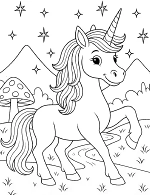 Fantastical Unicorn in Magical Landscape Coloring Page