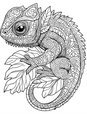 Fantasy Chameleon With Leafy Patterns Coloring Page by Mindset Flow