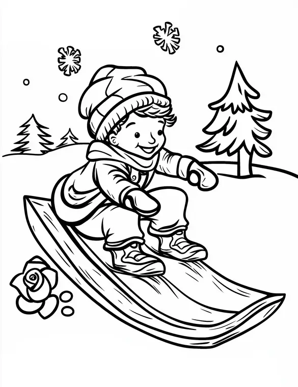 Fantasy Roses Child Sledding Winter Scene Printable Coloring Page