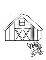 Farm Barn with Rose Flower Coloring Page