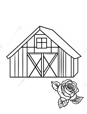 Farm Barn with Rose Flower Coloring Page