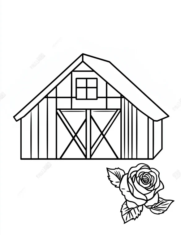Farm Barn with Rose Flower Coloring Page