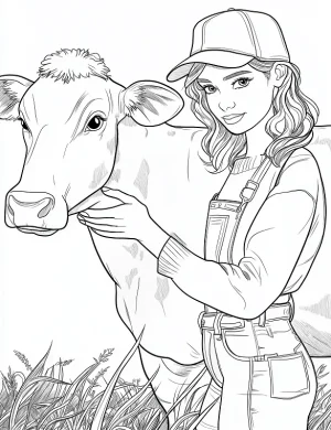 Farm Scene With Woman Petting Cow Adult Coloring Page By Mindset Flow